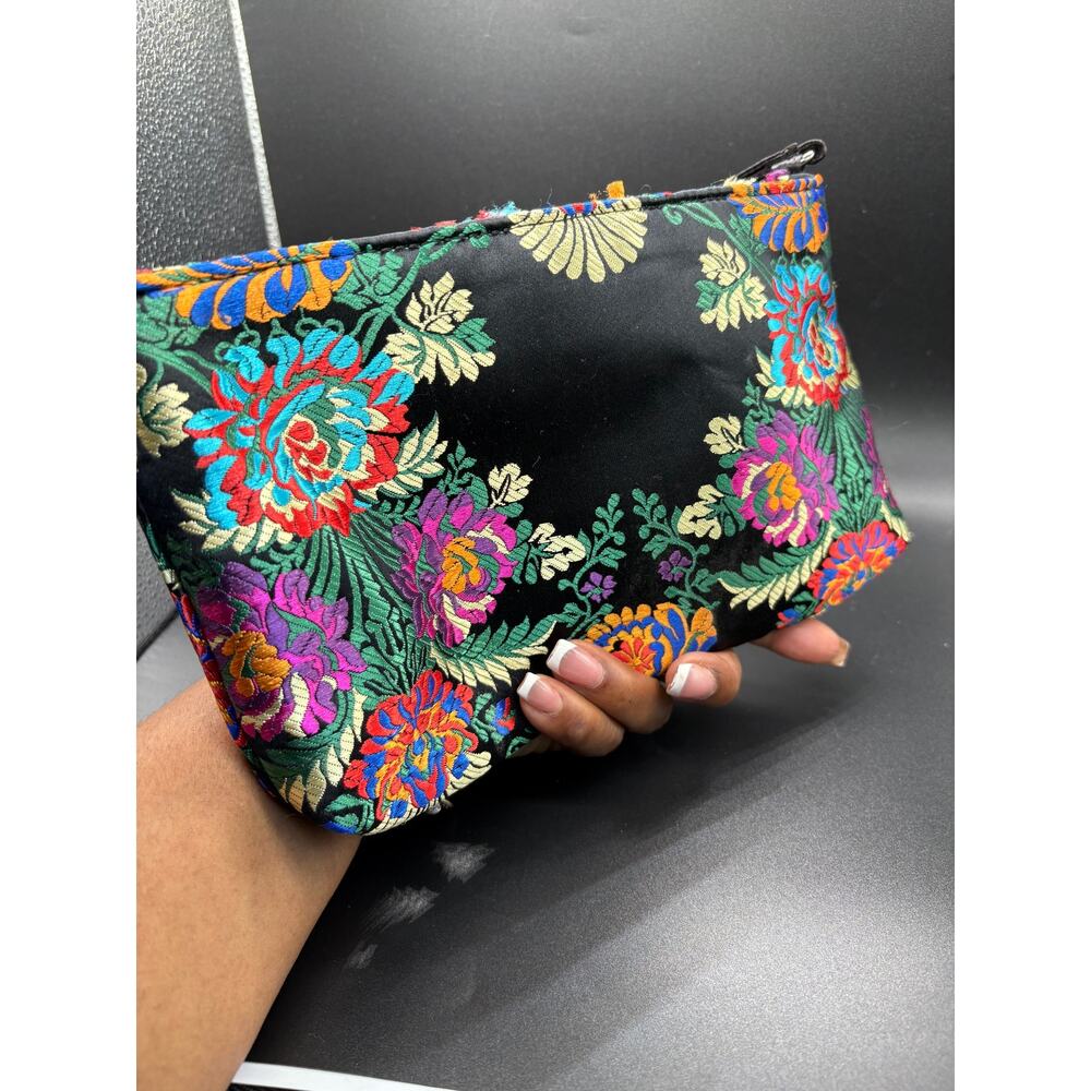 Floral Satin Wristlet Clutch Black Multicolor Embroidered Evening Bag Boho Chic